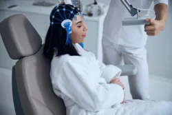 Side view of a patient sitting with her eyes closed during the electroencephalography conducted by a doctor