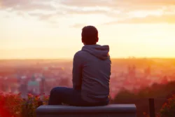Young man is looking at the sunrise