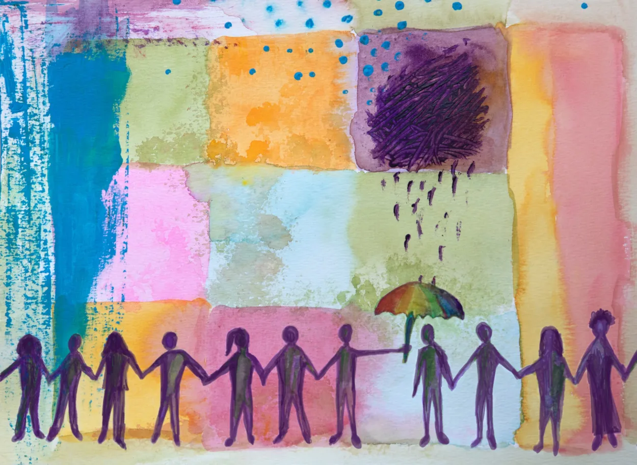 People providing support to someone in need.  Holding umbrella. Painting. My own work.