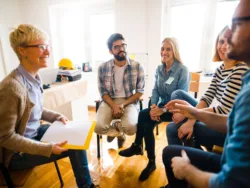 Types of Addiction Counseling Methods Five people sit in a circle for a group addiction counseling session