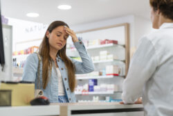 Young woman with a headache expression in a pharmacy talking to a female pharmacist